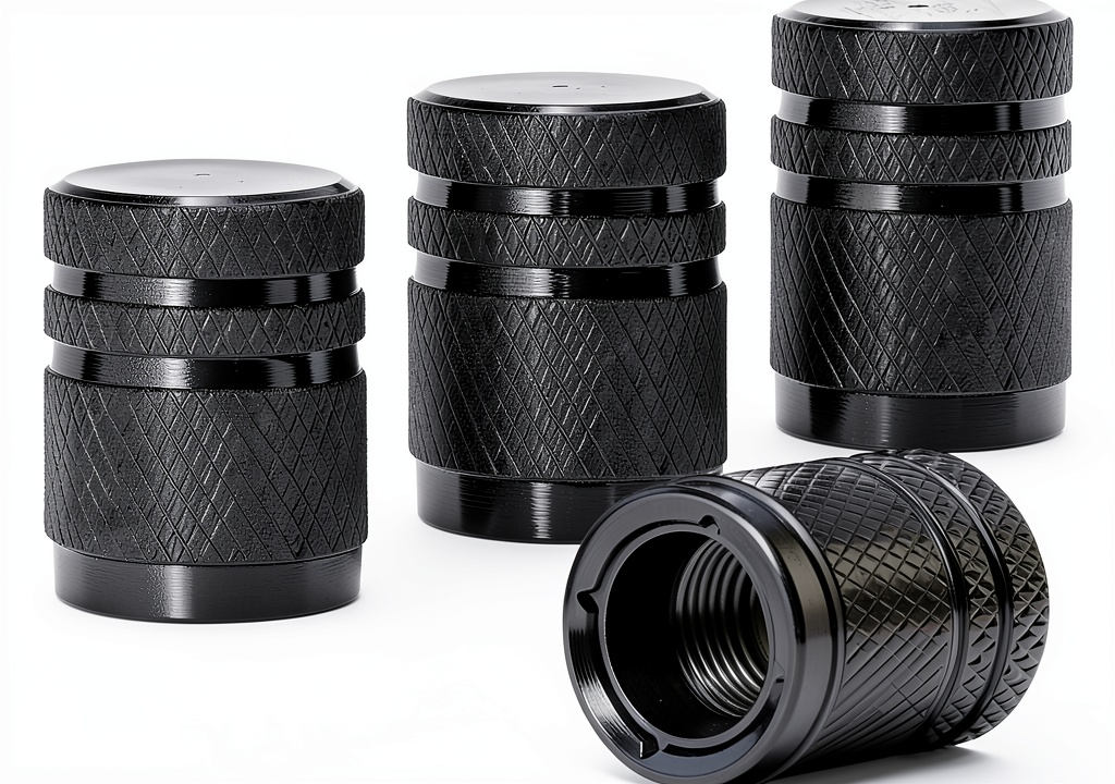 DENSET black double‑layer valve caps installed on a car tire