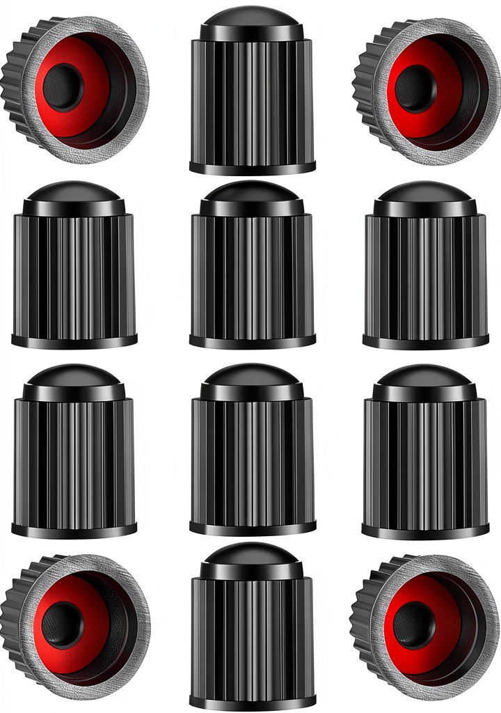 Tire valve stem caps installed on a black SUV wheel