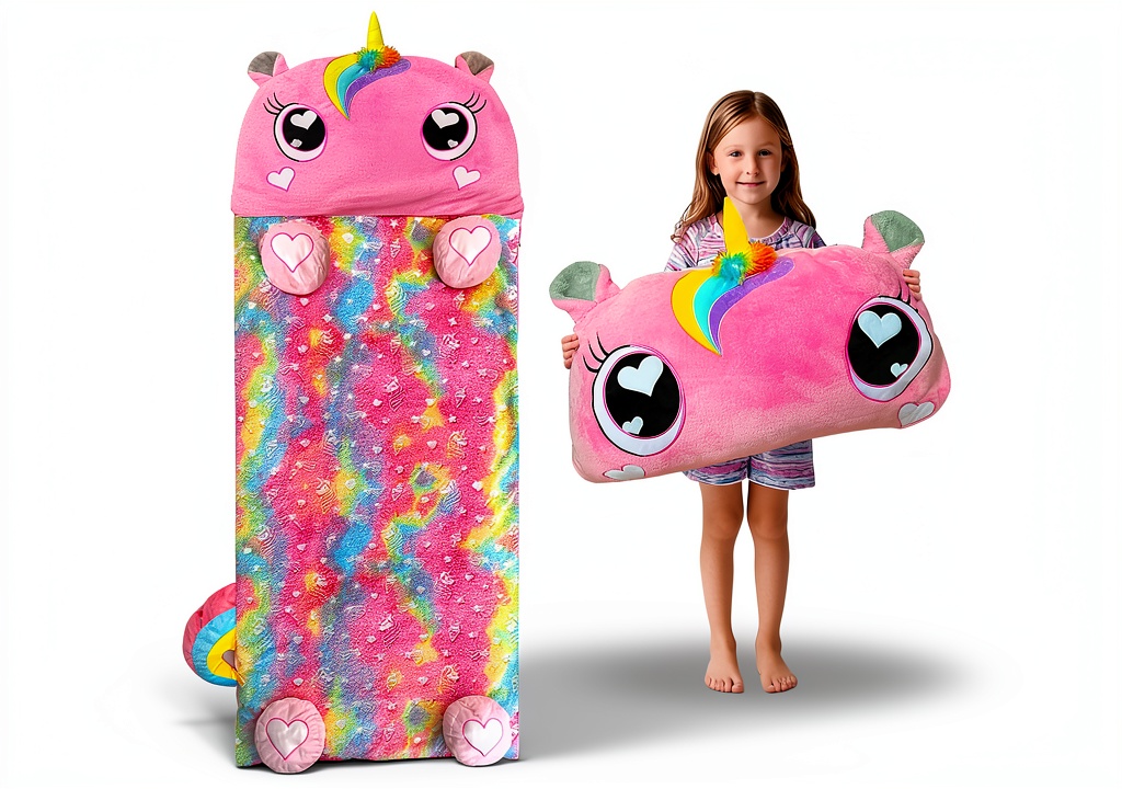 Child using Unicorn Slumber sleeping bag on a car seat