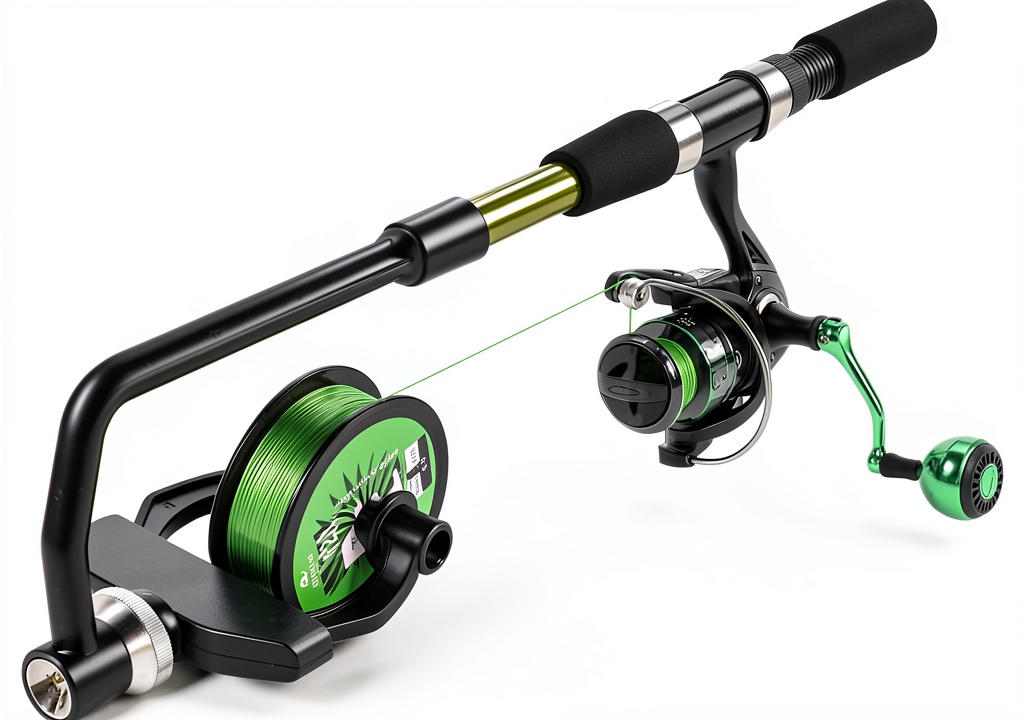 Installing KULPORT Fishing Line Spooler Green Nylon Design on a wooden desk