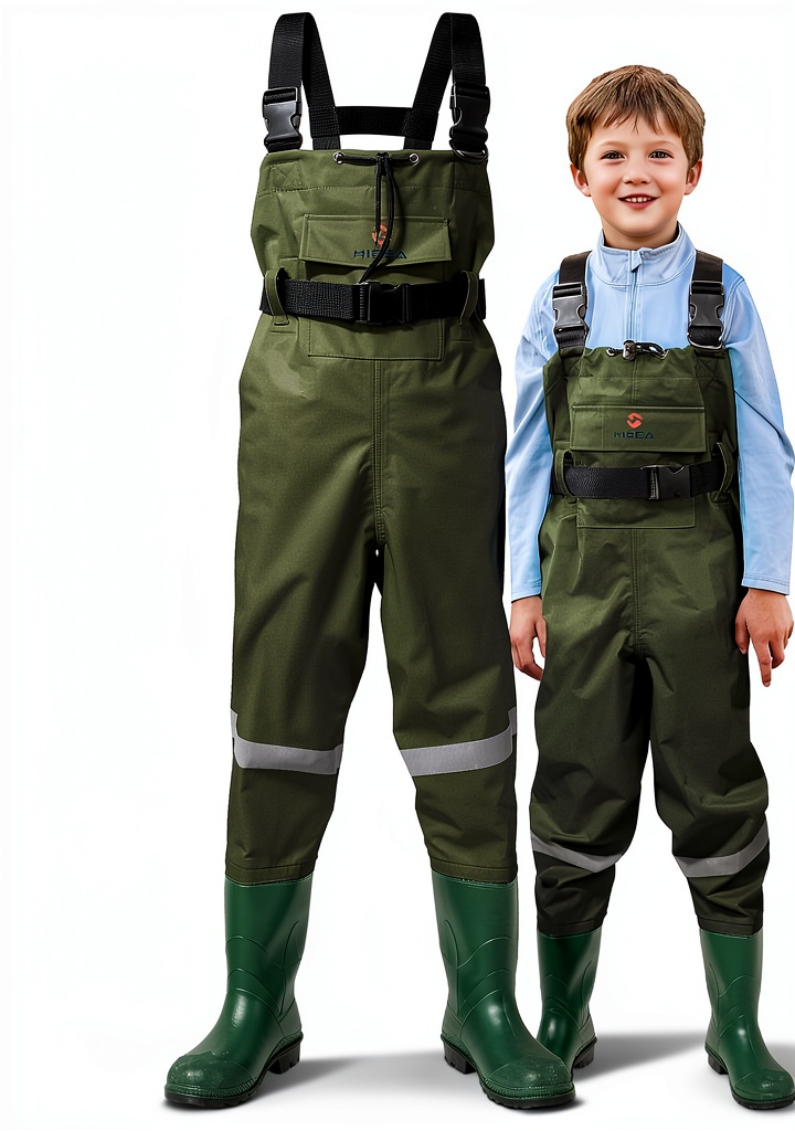 Child wearing XSY waterproof waders on a fishing dock